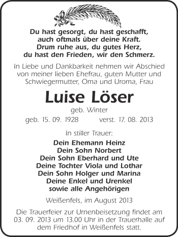 Traueranzeige von Luise Löser von WVG - Wochenspiegel NMB / WSF / ZTZ