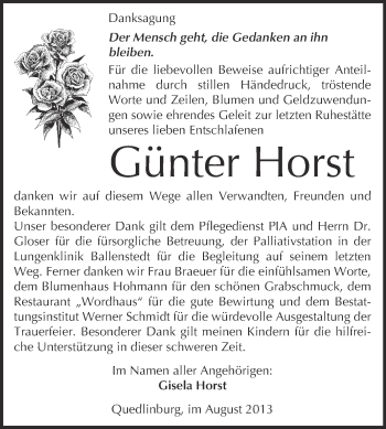 Traueranzeige von Günter Horst von WVG - Wochenspiegel Quedlinburg