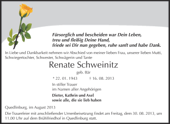 Traueranzeige von Renate Schweinitz von WVG - Wochenspiegel Quedlinburg