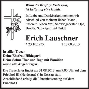 Traueranzeige von Erich Lauschner von Super Sonntag Dessau / Köthen