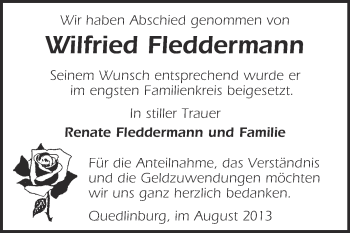 Traueranzeige von Wilfried Fleddermann von WVG - Wochenspiegel Quedlinburg