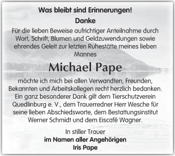 Traueranzeige von Michael Pape von WVG - Wochenspiegel Quedlinburg