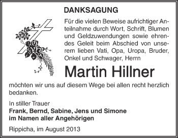 Traueranzeige von Martin Hillner von Super Sonntag Zeitz