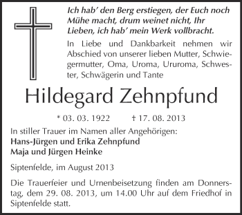 Traueranzeige von Hildegard Zehnpfund von WVG - Wochenspiegel Quedlinburg