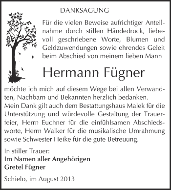 Traueranzeige von Hermann Fügner von WVG - Wochenspiegel Quedlinburg