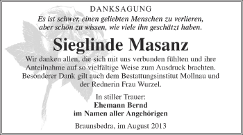 Traueranzeige von Sieglinde Masanz von WVG - Wochenspiegel Merseburg