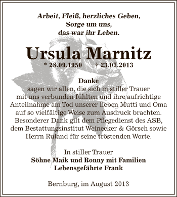 Traueranzeige von Ursula Marnitz von Super Sonntag Bernburg