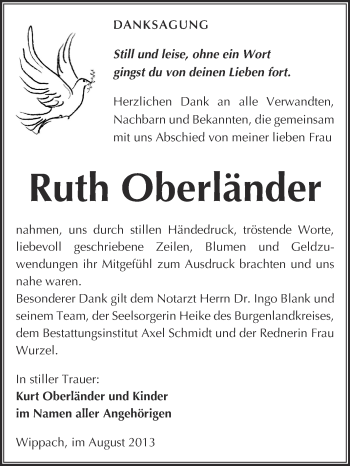 Traueranzeige von Ruth Oberländer von WVG - Wochenspiegel NMB / WSF / ZTZ