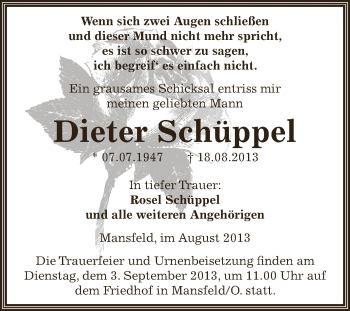 Traueranzeige von Dieter Schüppel von Wochenspiegel Mansfelder Land