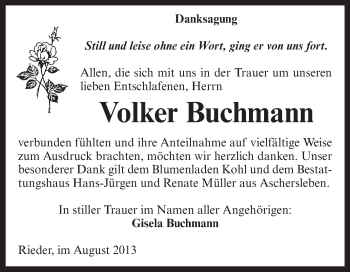 Traueranzeige von Volker Buchmann von Super Sonntag Aschersleben
