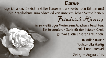 Traueranzeige von Friedrich Hartig von Super Sonntag Zeitz