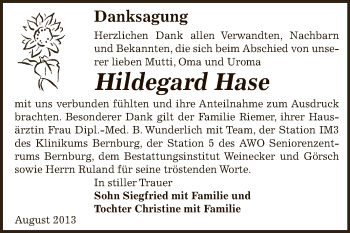 Traueranzeige von Hildegard Hase von Super Sonntag Bernburg