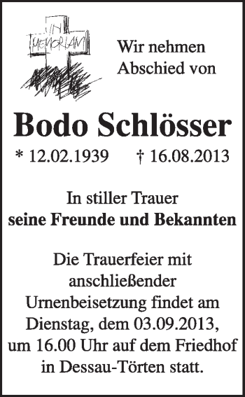 Traueranzeige von Bodo Schösser von Super Sonntag Dessau / Köthen