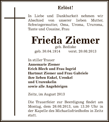 Traueranzeige von Frieda Ziemer von Super Sonntag Zeitz