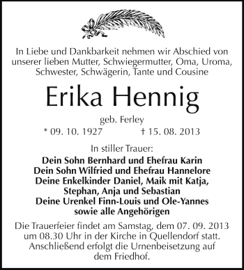 Traueranzeige von Erika Henning von Super Sonntag Dessau / Köthen