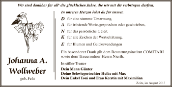 Traueranzeige von Johanna Wollweber von Super Sonntag Zeitz