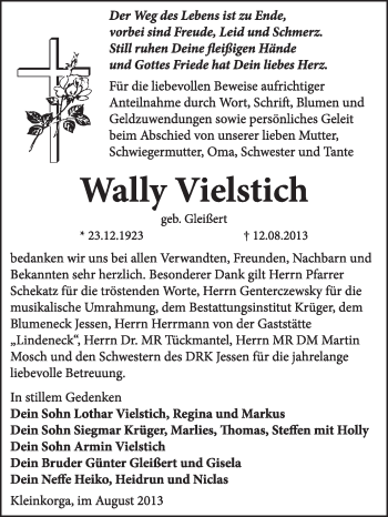 Traueranzeige von Wally Vielstich von WVG - Wochenspiegel Wittenberg