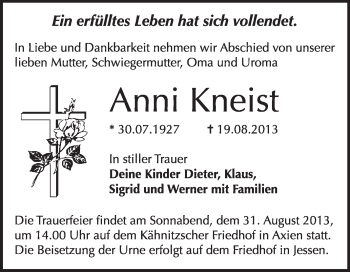 Traueranzeige von Anni Kneist von WVG - Wochenspiegel Wittenberg