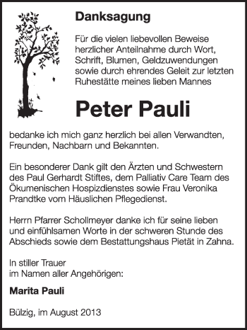 Traueranzeige von Peter Pauli von Super Sonntag Wittenberg