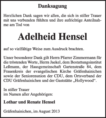 Traueranzeige von Adelheid Hensel von WVG - Wochenspiegel Wittenberg