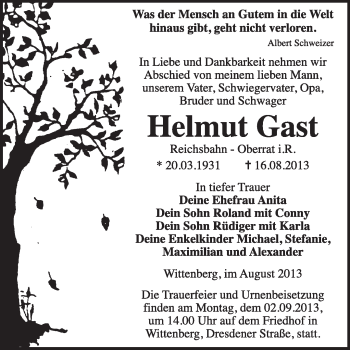 Traueranzeige von Helmut Gast von WVG - Wochenspiegel Wittenberg