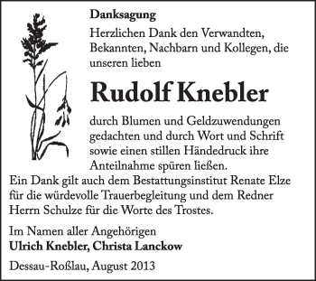 Traueranzeige von Rudolf Knebler von Super Sonntag Dessau / Köthen