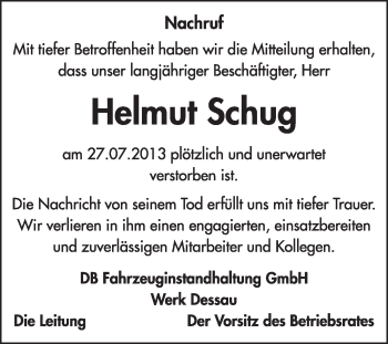 Traueranzeige von Helmut Schug von Super Sonntag Dessau / Köthen