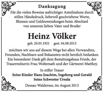 Traueranzeige von Heinz Völker von Super Sonntag Dessau / Köthen