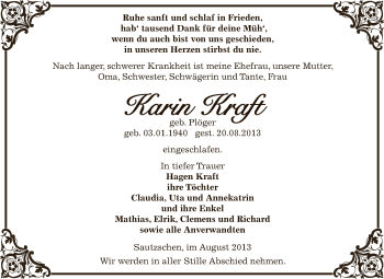 Traueranzeige von Karin Kraft von Super Sonntag Zeitz