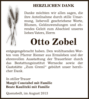 Traueranzeige von Otto Zobel von Wochenspiegel Mansfelder Land