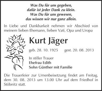 Traueranzeige von Kurt Jäger von Super Sonntag Merseburg