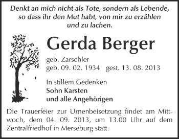 Traueranzeige von Gerda Berger von Super Sonntag Merseburg