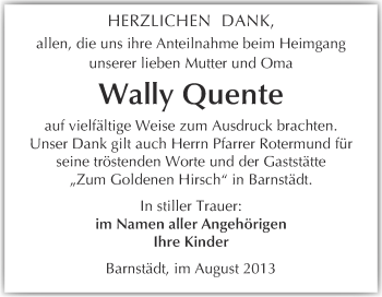 Traueranzeige von Wally Quente von WVG - Wochenspiegel Merseburg