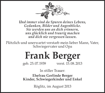 Traueranzeige von Frank Berger von Super Sonntag Merseburg
