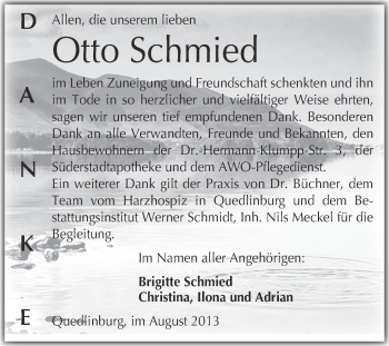 Traueranzeige von Otto Schmied von WVG - Wochenspiegel Quedlinburg