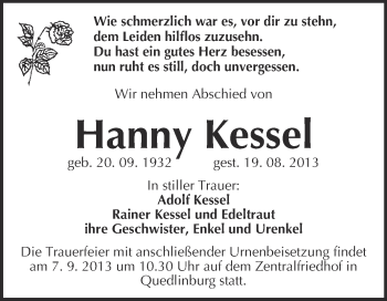 Traueranzeige von Hanny Kessel von WVG - Wochenspiegel Quedlinburg