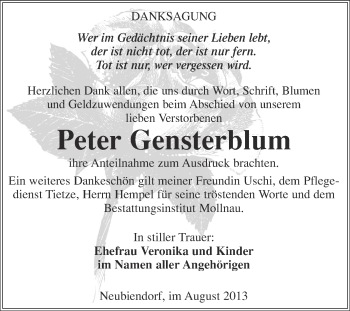 Traueranzeige von Peter Gensterblum von WVG - Wochenspiegel Merseburg