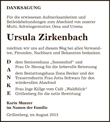 Traueranzeige von Ursula Zirkenbach von Super Sonntag SGH Mansf. Land