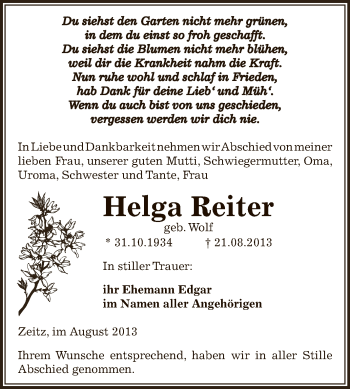 Traueranzeige von Helga Reiter von Super Sonntag Zeitz