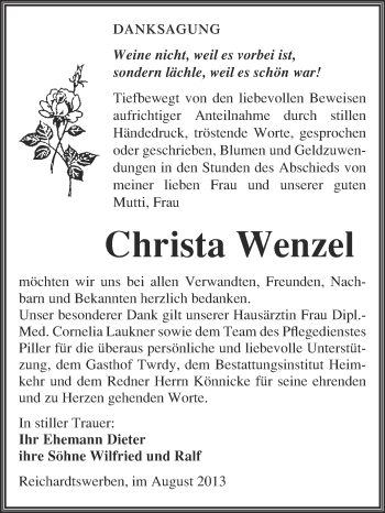 Traueranzeige von Christa Wenzel von WVG - Wochenspiegel NMB / WSF / ZTZ