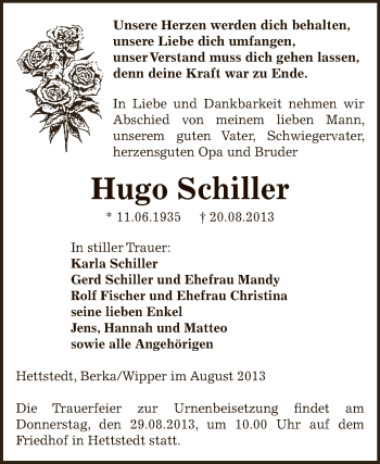 Traueranzeige von Hugo Schiller von Super Sonntag SGH Mansf. Land