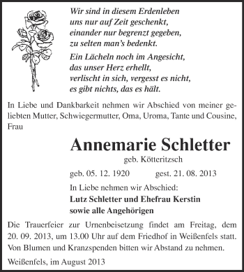 Traueranzeige von Annemarie Schletter von WVG - Wochenspiegel NMB / WSF / ZTZ