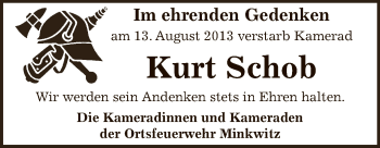 Traueranzeige von Kurt Schob von Super Sonntag Zeitz