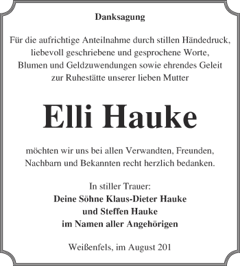 Traueranzeige von Elli Hauke von WVG - Wochenspiegel NMB / WSF / ZTZ