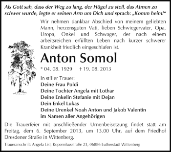 Traueranzeige von Anton Somol von Super Sonntag Wittenberg