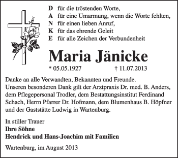 Traueranzeige von Maria Jänicke von Super Sonntag Wittenberg