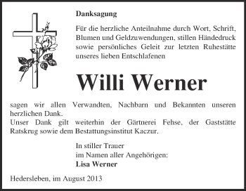 Traueranzeige von Willi Werner von WVG - Wochenspiegel Quedlinburg