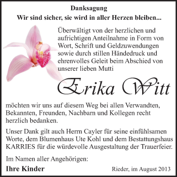 Traueranzeige von Erika Witt von WVG - Wochenspiegel Quedlinburg