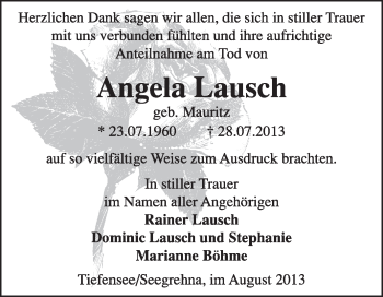 Traueranzeige von Angela Lausch von Super Sonntag Wittenberg