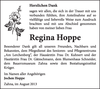 Traueranzeige von Regina Hoppe von WVG - Wochenspiegel Wittenberg